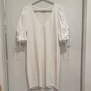 Nation LTD LARGE Relaxed White V-Neck Midi Dress with Puff Sleeve Ties